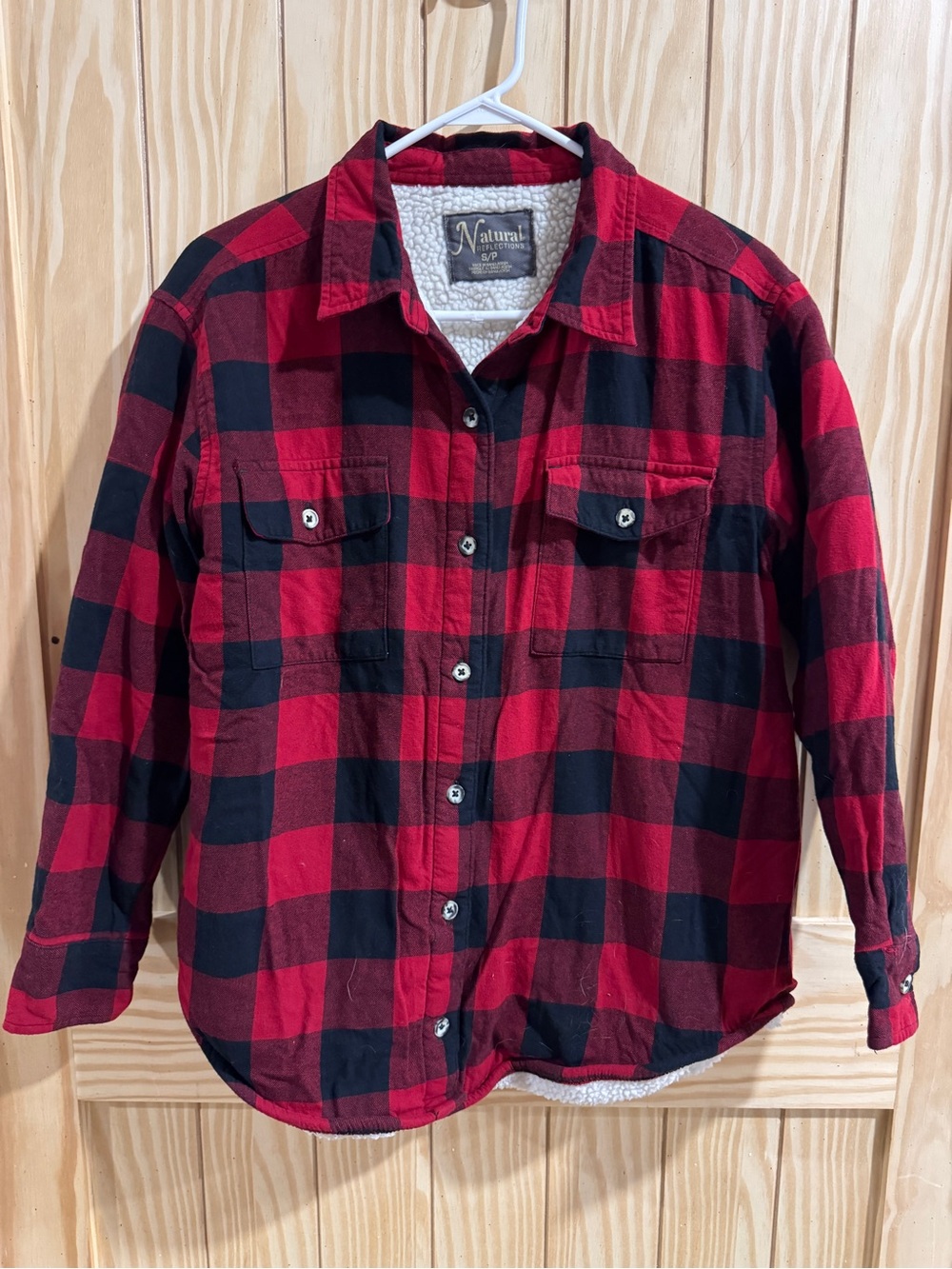 Red and Black Plaid Sherpa Fleece Button Up Shirt Jacket— Natural Reflections—S